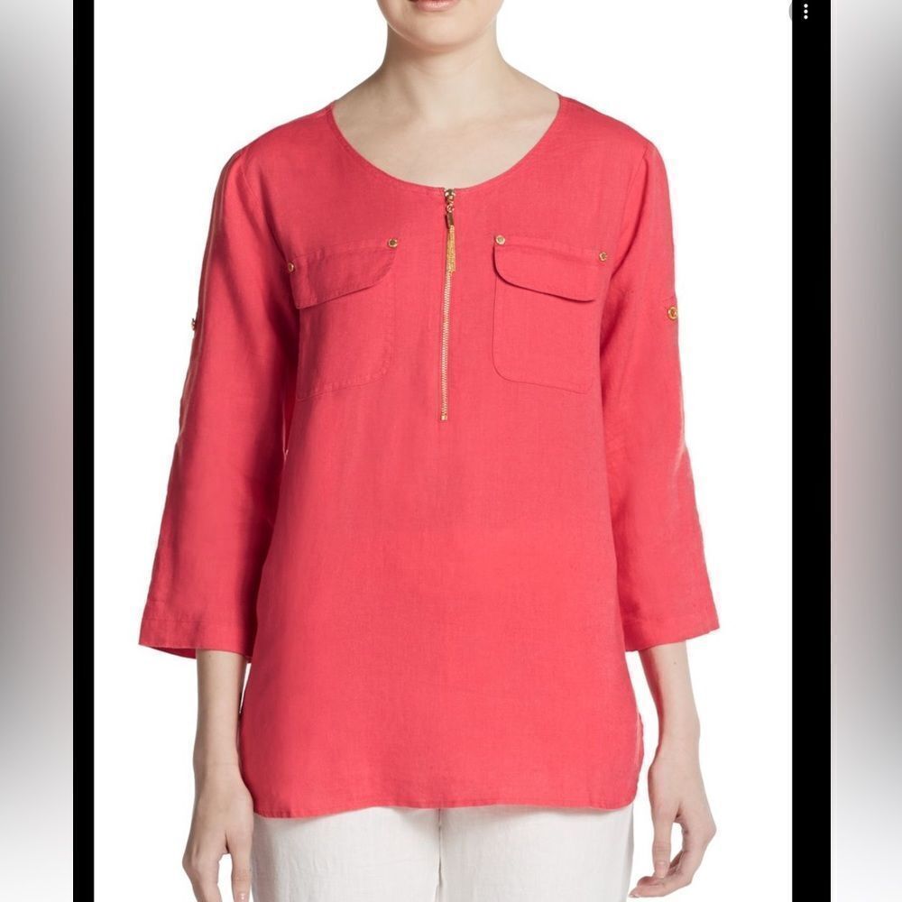Ellen‎ Tracy Coral Pink Linen Blend Quarter Zip Roll Tab Sleeve Blouse Medium